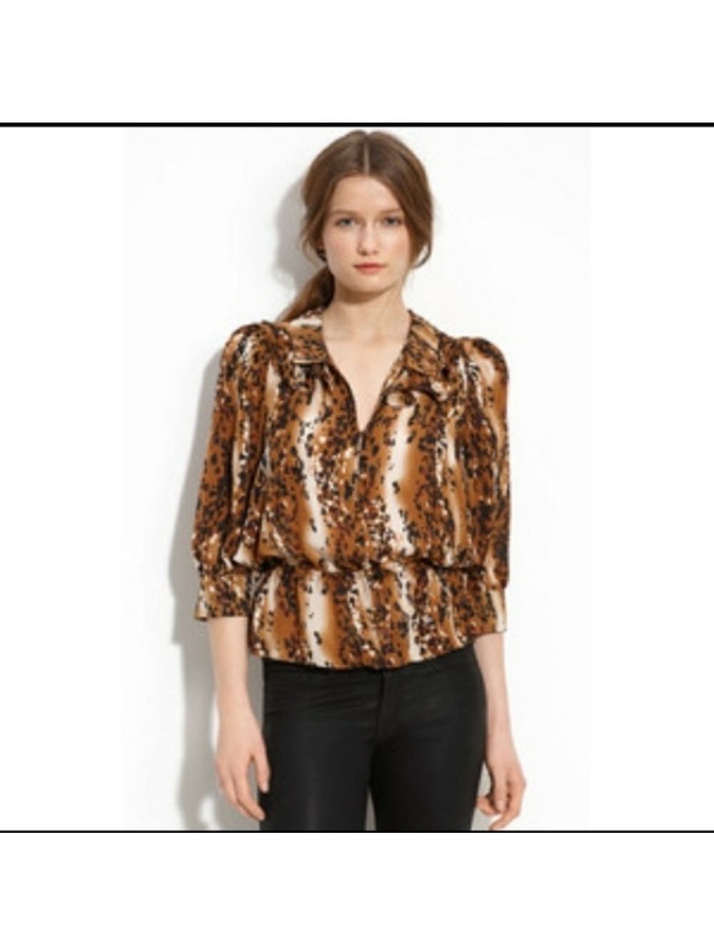 Parker Brown Silk Leopard Print 3/4 Sleeve Top